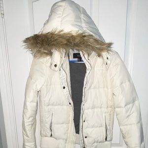 White puffy jacket with faux fur hood